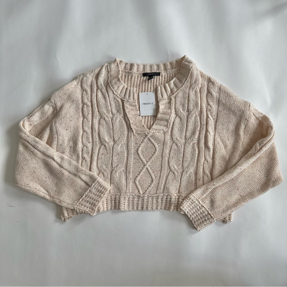 Cropped Cream Color Speckled Cable Knit Chunky Sweater -NWT-